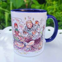 Dungeon Meshi inspired sketch art mug featuring the adventuring party sharing a cozy hot pot feast in the dungeon.