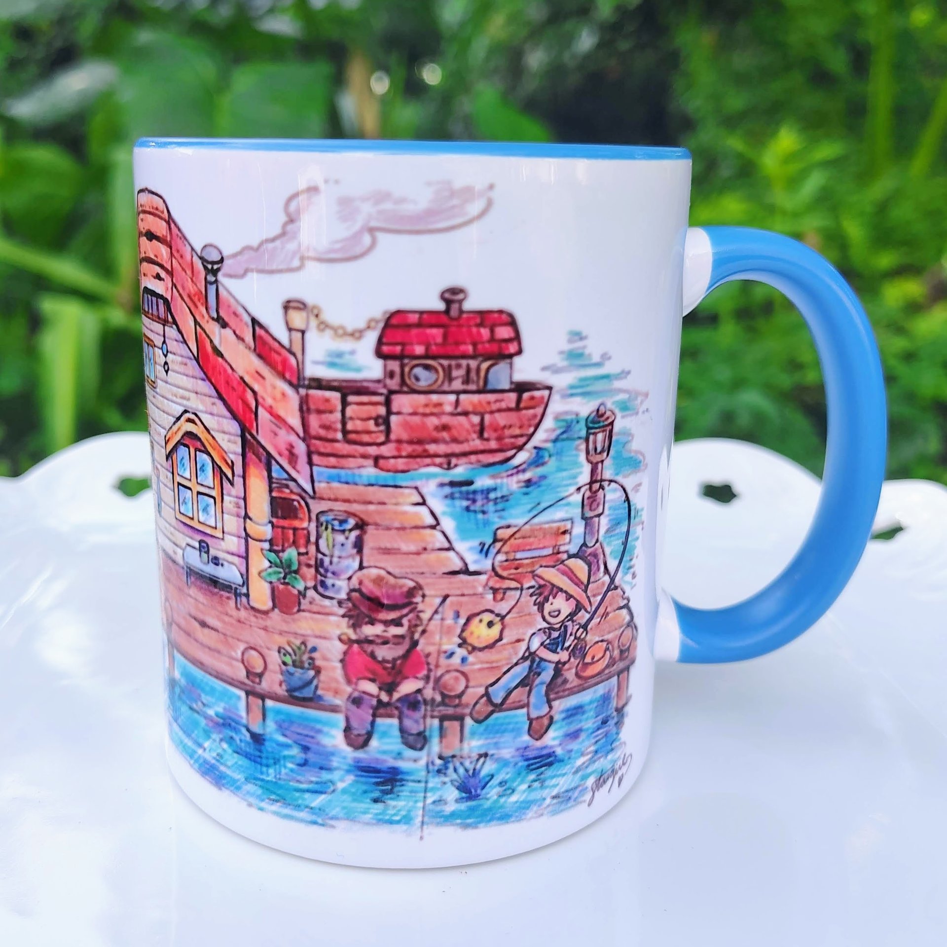 Stardew Valley inspired fishing mug featuring Willy, a farmer reeling in a pufferfish, and Willy's boat by the beach.
