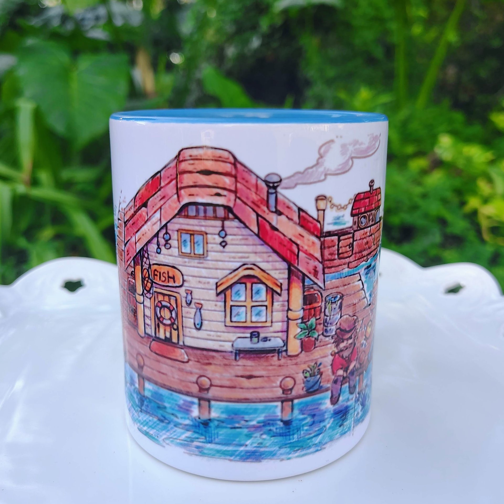 Sketch art of Willy's Shack Shop on the beach from Stardew Valley featured as a giftable mug 