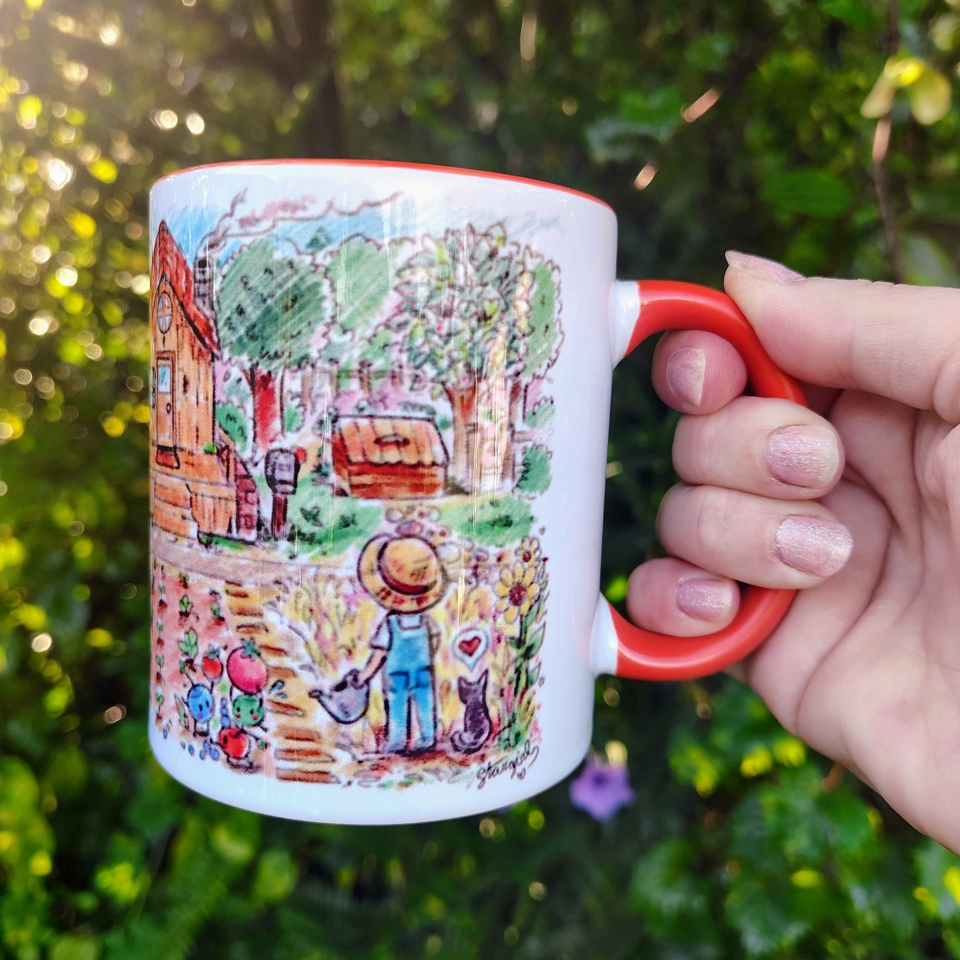 Orange accent ceramic mug featuring original hand-drawn Stardew Valley inspired sketch artwork.